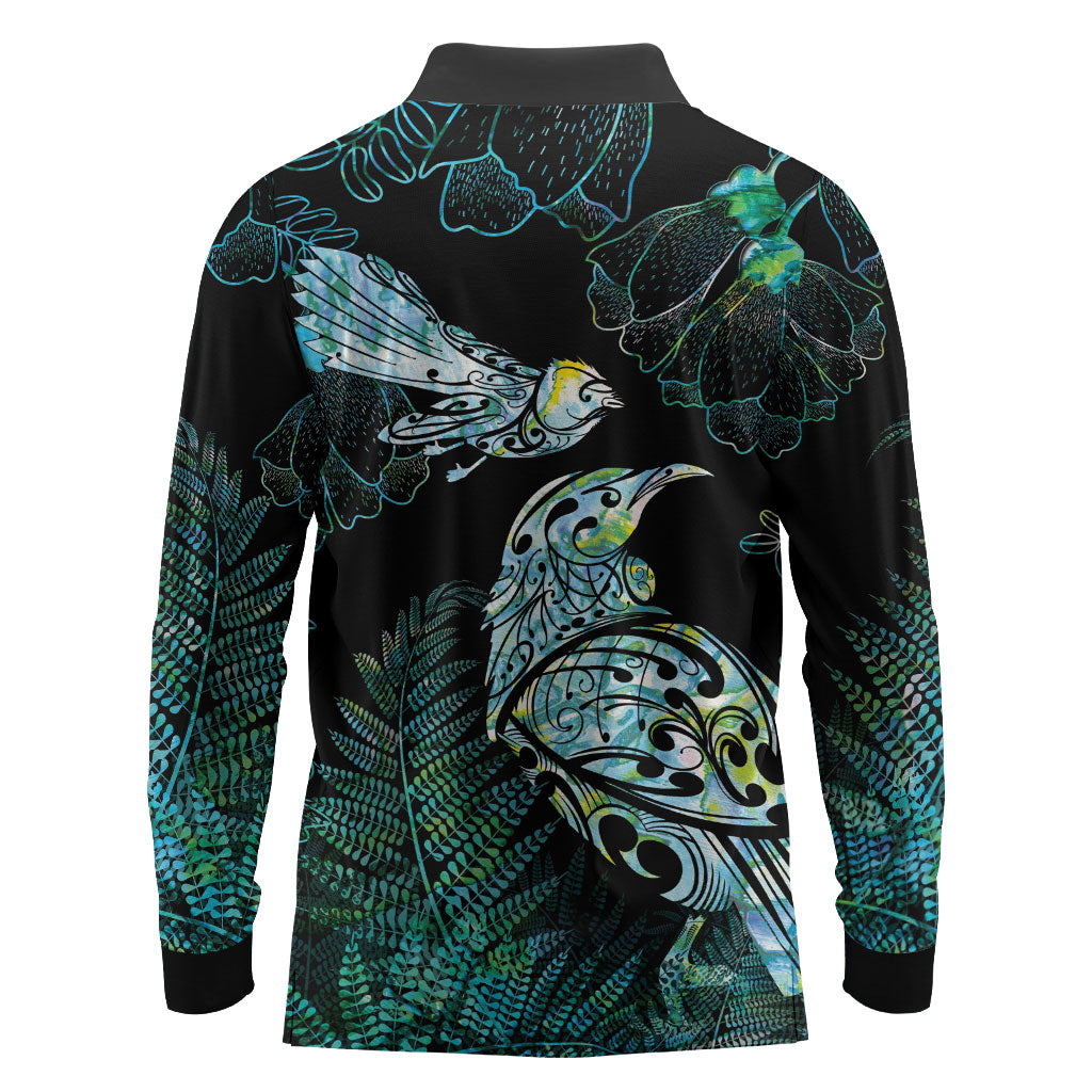 Aotearoa Maori Mahuru Long Sleeve Polo Shirt Spring Time - Paua Shell Green