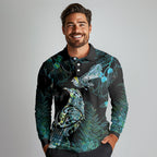 Aotearoa Maori Mahuru Long Sleeve Polo Shirt Spring Time - Paua Shell Green