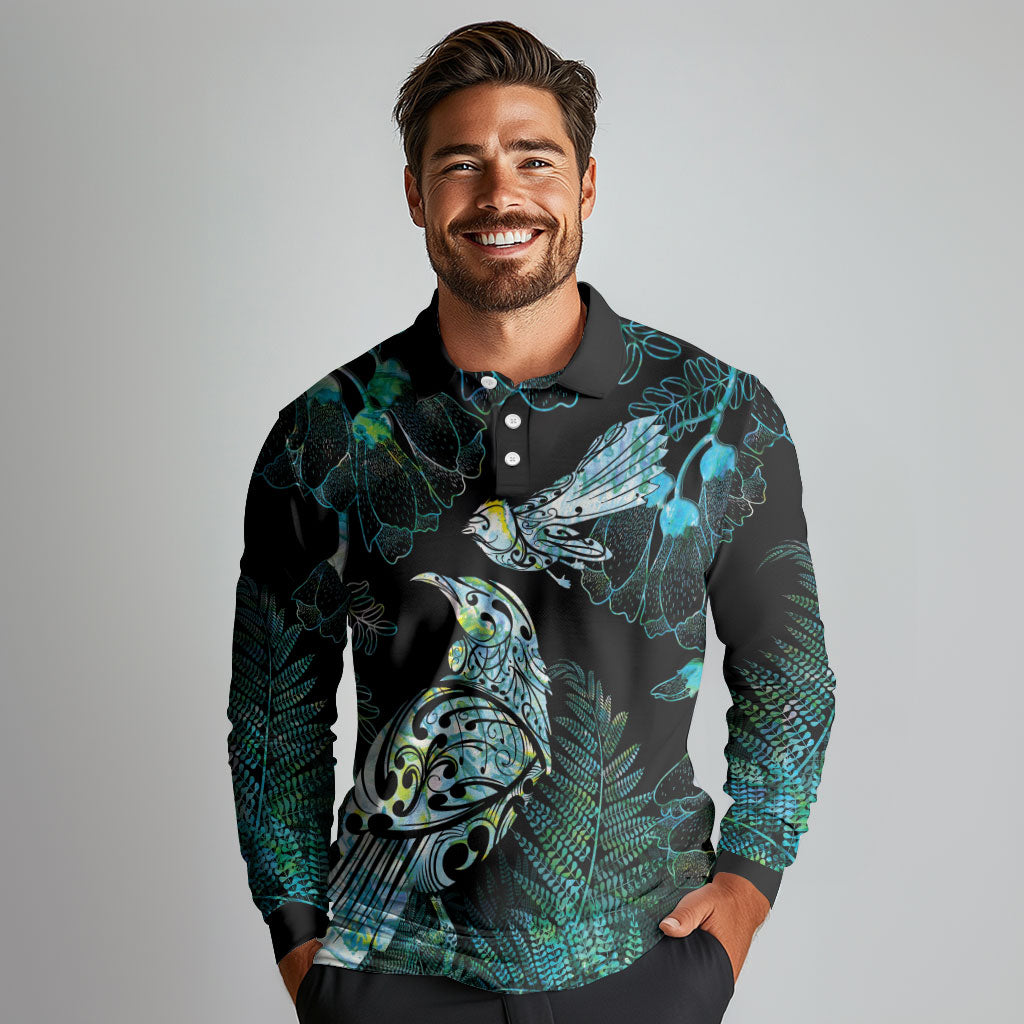 Aotearoa Maori Mahuru Long Sleeve Polo Shirt Spring Time - Paua Shell Green