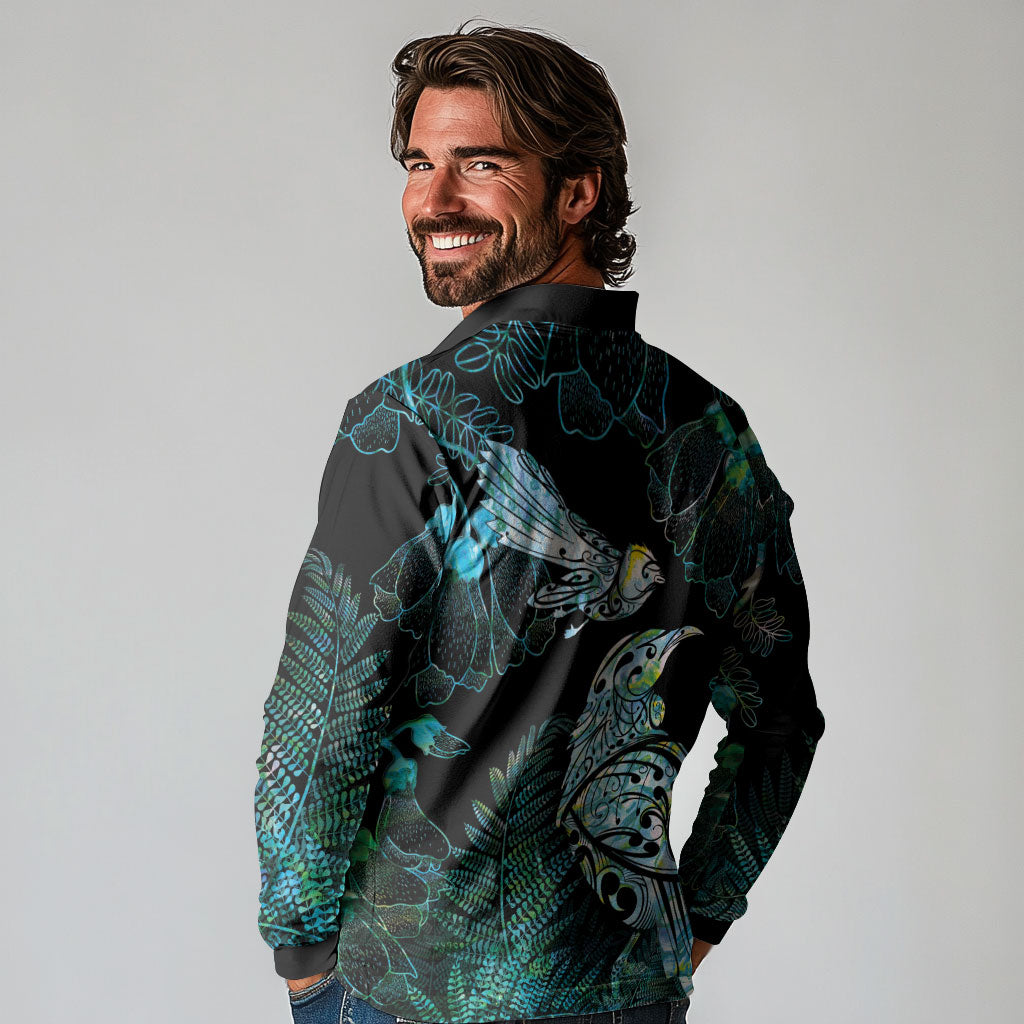Aotearoa Maori Mahuru Long Sleeve Polo Shirt Spring Time - Paua Shell Green