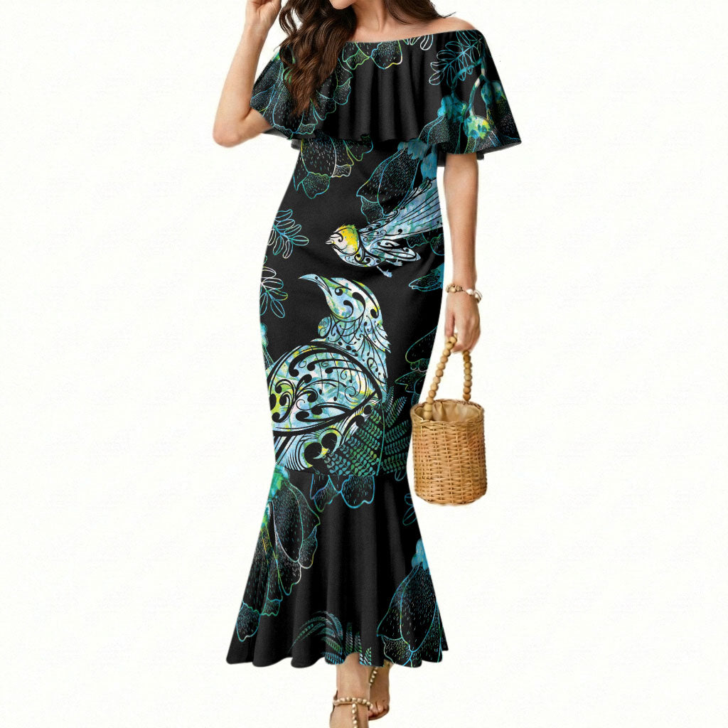 Aotearoa Maori Mahuru Mermaid Dress Spring Time - Paua Shell Green