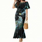 Aotearoa Maori Mahuru Mermaid Dress Spring Time - Paua Shell Green