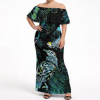 Aotearoa Maori Mahuru Off Shoulder Maxi Dress Spring Time - Paua Shell Green