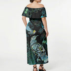 Aotearoa Maori Mahuru Off Shoulder Maxi Dress Spring Time - Paua Shell Green