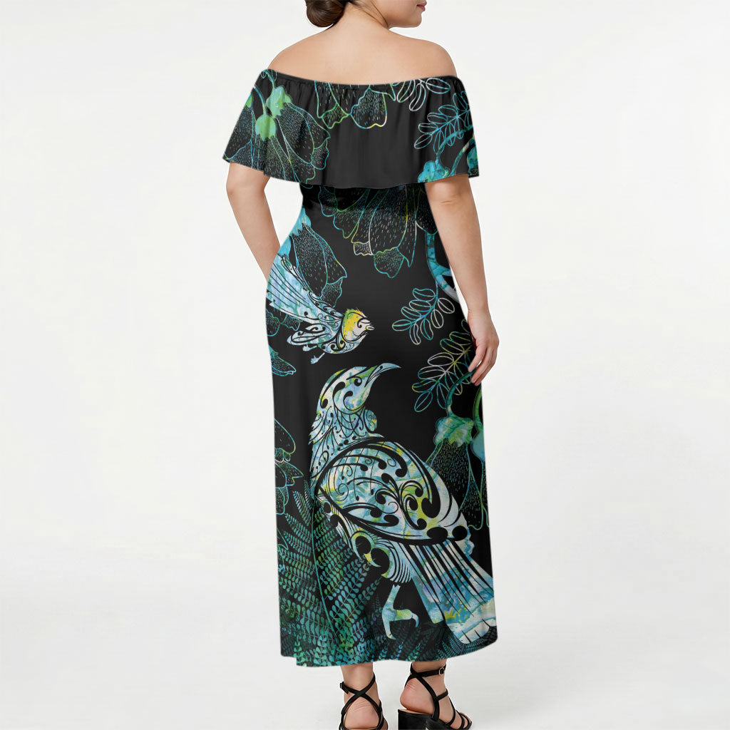 Aotearoa Maori Mahuru Off Shoulder Maxi Dress Spring Time - Paua Shell Green
