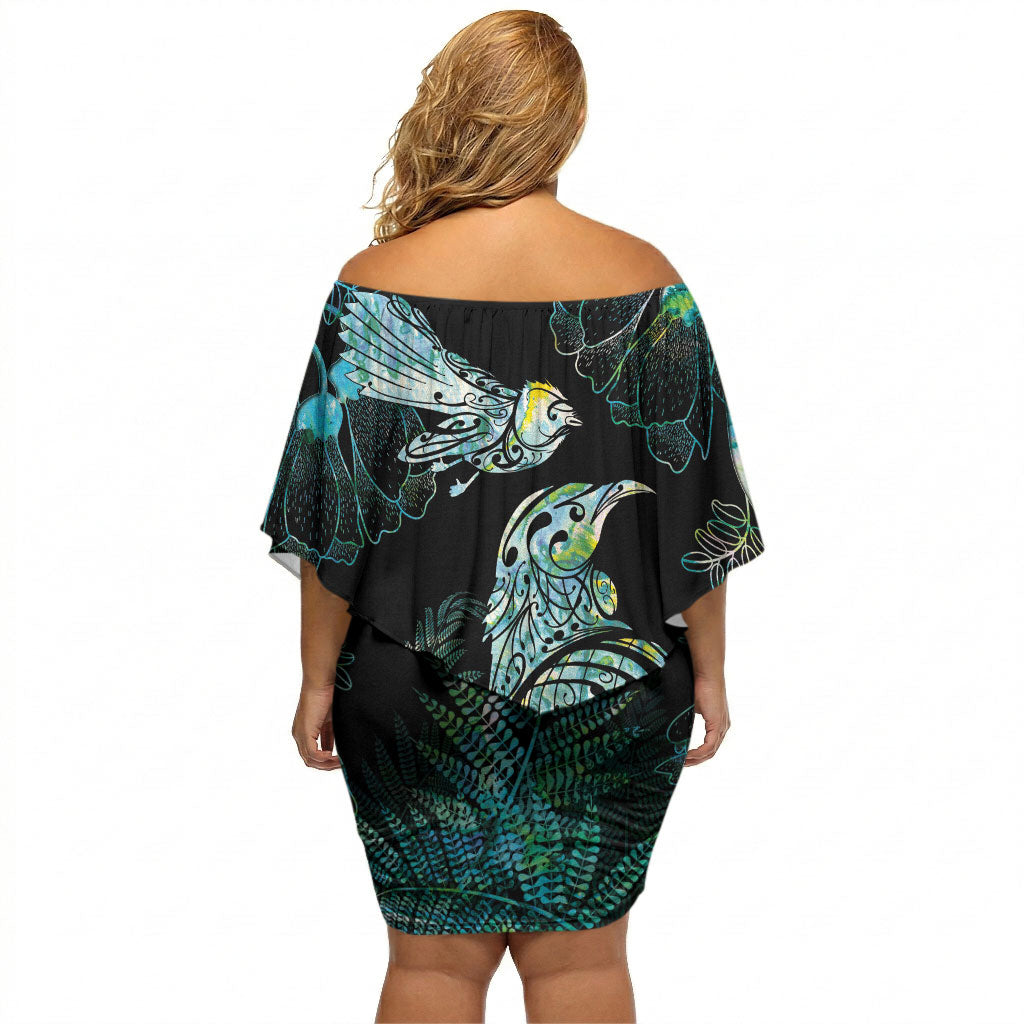 Aotearoa Maori Mahuru Off Shoulder Short Dress Spring Time - Paua Shell Green