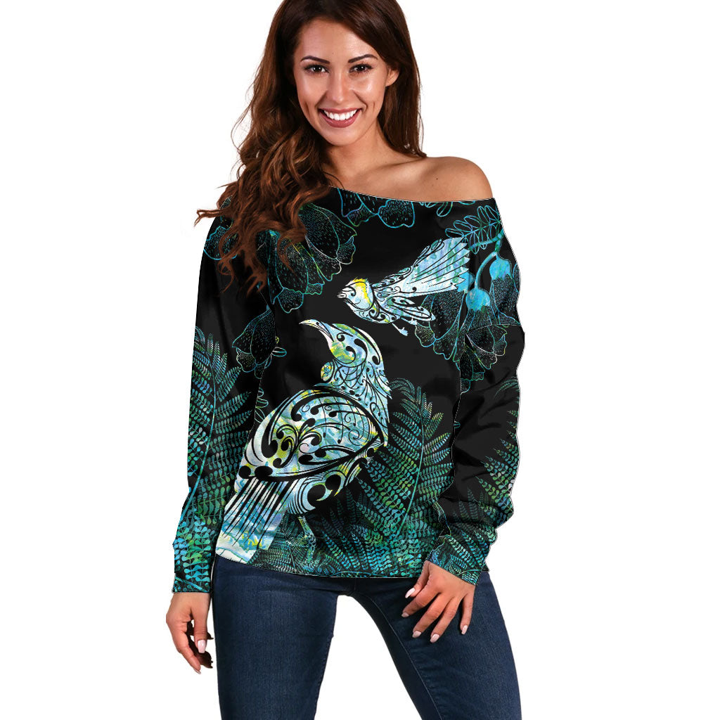 Aotearoa Maori Mahuru Off Shoulder Sweater Spring Time - Paua Shell Green