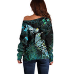 Aotearoa Maori Mahuru Off Shoulder Sweater Spring Time - Paua Shell Green