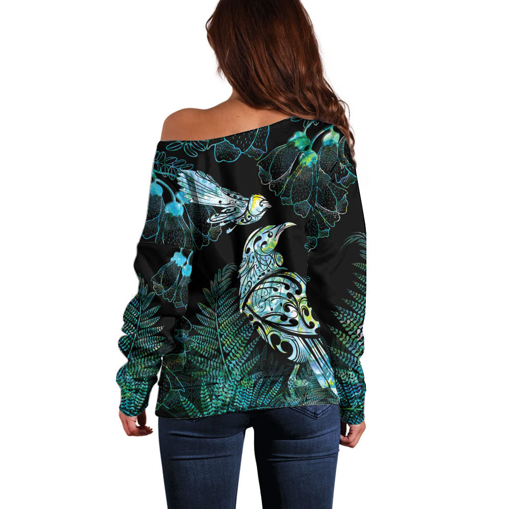 Aotearoa Maori Mahuru Off Shoulder Sweater Spring Time - Paua Shell Green