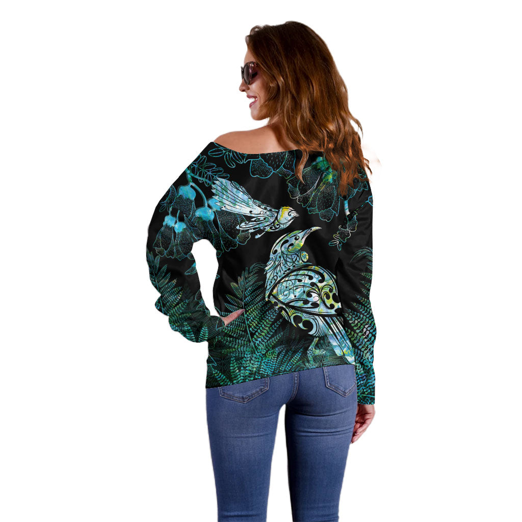 Aotearoa Maori Mahuru Off Shoulder Sweater Spring Time - Paua Shell Green