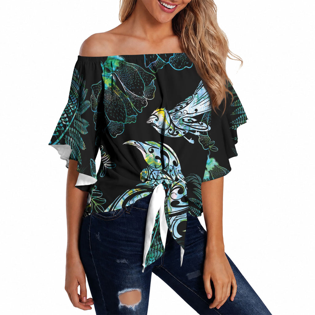 Aotearoa Maori Mahuru Off Shoulder Wrap Waist Top Spring Time - Paua Shell Green
