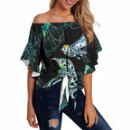 Aotearoa Maori Mahuru Off Shoulder Wrap Waist Top Spring Time - Paua Shell Green