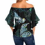Aotearoa Maori Mahuru Off Shoulder Wrap Waist Top Spring Time - Paua Shell Green