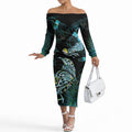 Aotearoa Maori Mahuru Off The Shoulder Long Sleeve Dress Spring Time - Paua Shell Green