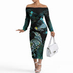 Aotearoa Maori Mahuru Off The Shoulder Long Sleeve Dress Spring Time - Paua Shell Green