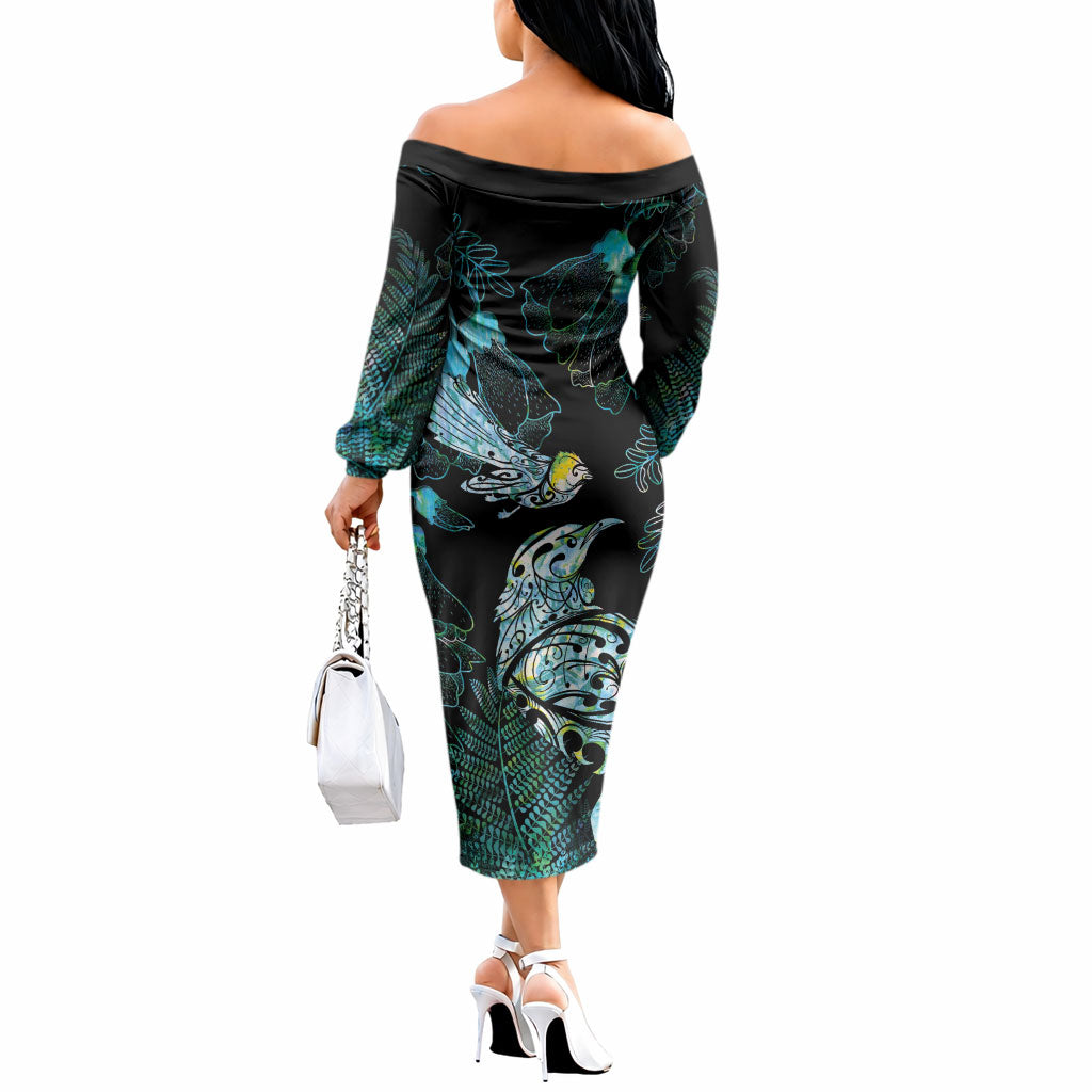 Aotearoa Maori Mahuru Off The Shoulder Long Sleeve Dress Spring Time - Paua Shell Green