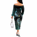 Aotearoa Maori Mahuru Off The Shoulder Long Sleeve Dress Spring Time - Paua Shell Green