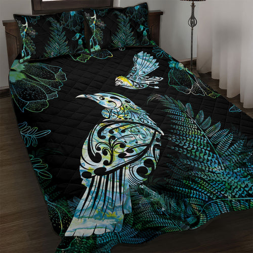 Aotearoa Maori Mahuru Quilt Bed Set Spring Time - Paua Shell Green