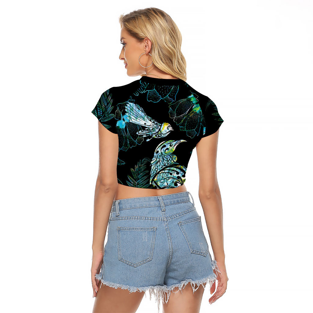 Aotearoa Maori Mahuru Raglan Cropped T Shirt Spring Time - Paua Shell Green
