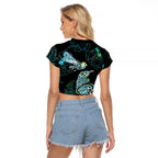 Aotearoa Maori Mahuru Raglan Cropped T Shirt Spring Time - Paua Shell Green