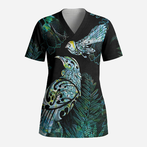 Aotearoa Maori Mahuru Scrub Top Spring Time - Paua Shell Green