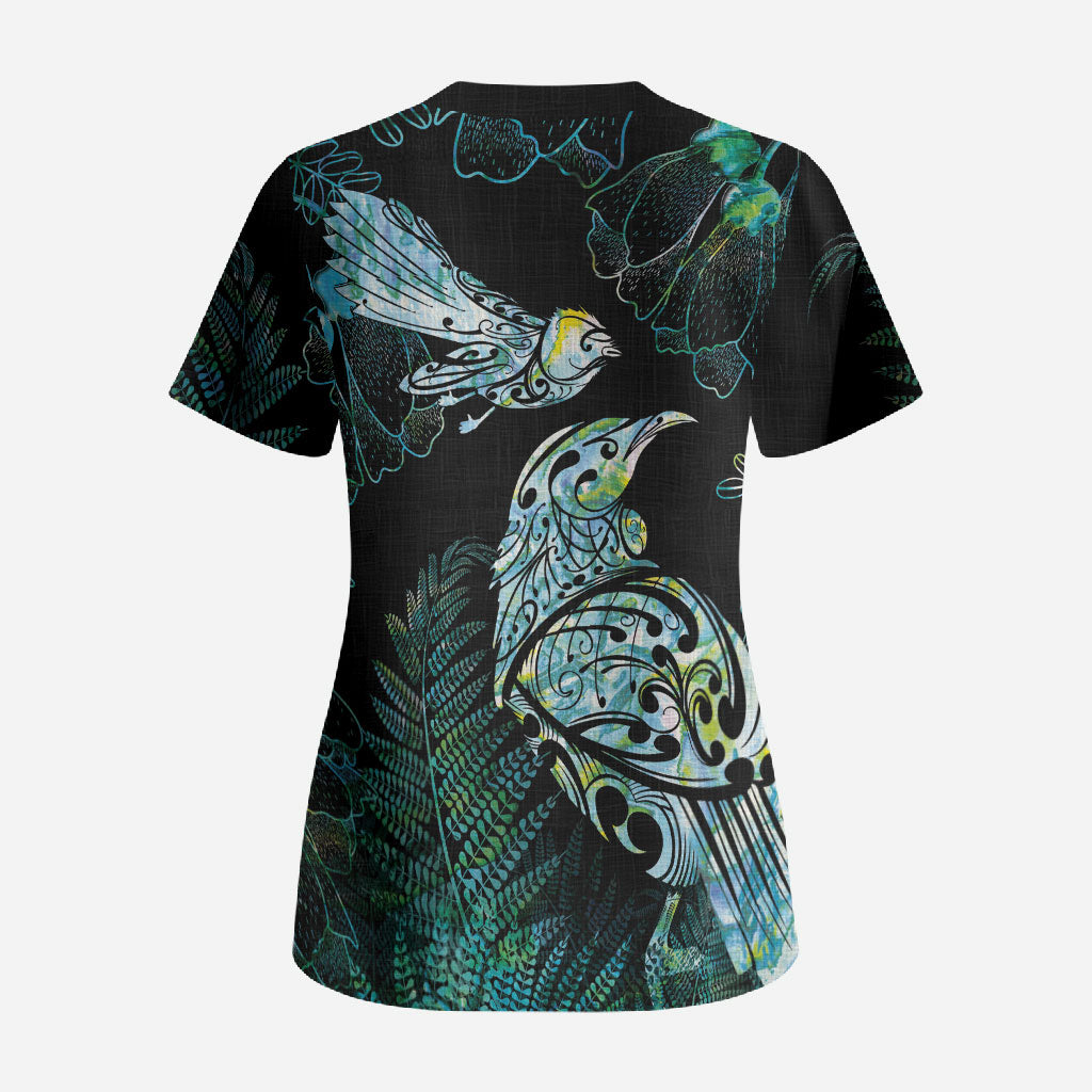 Aotearoa Maori Mahuru Scrub Top Spring Time - Paua Shell Green
