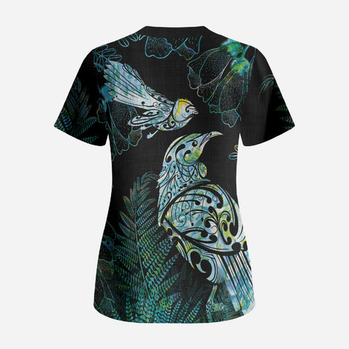 Aotearoa Maori Mahuru Scrub Top Spring Time - Paua Shell Green