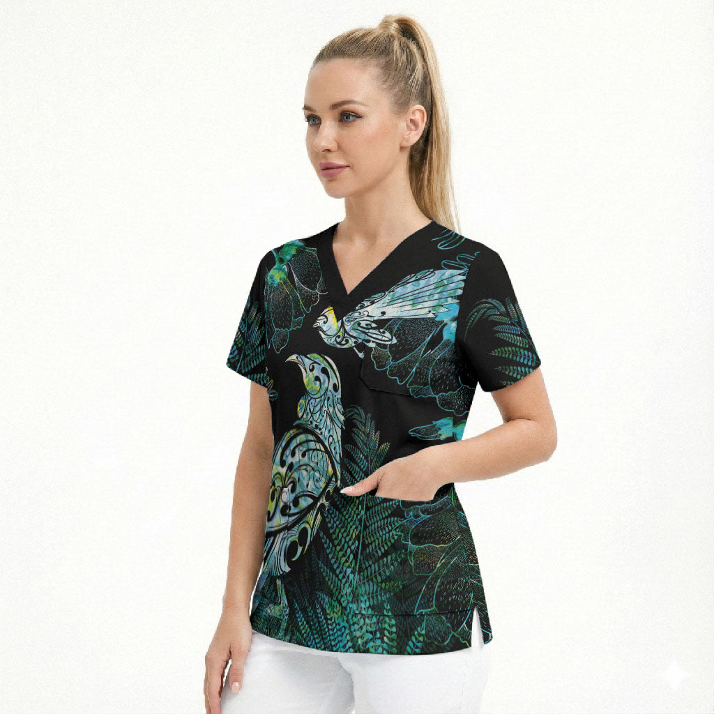 Aotearoa Maori Mahuru Scrub Top Spring Time - Paua Shell Green