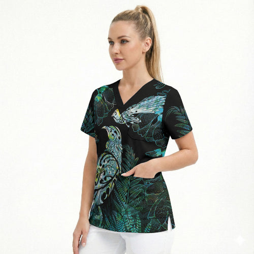 Aotearoa Maori Mahuru Scrub Top Spring Time - Paua Shell Green