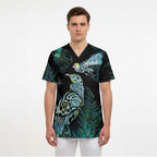 Aotearoa Maori Mahuru Scrub Top Spring Time - Paua Shell Green
