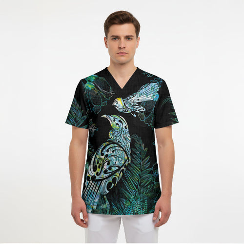 Aotearoa Maori Mahuru Scrub Top Spring Time - Paua Shell Green