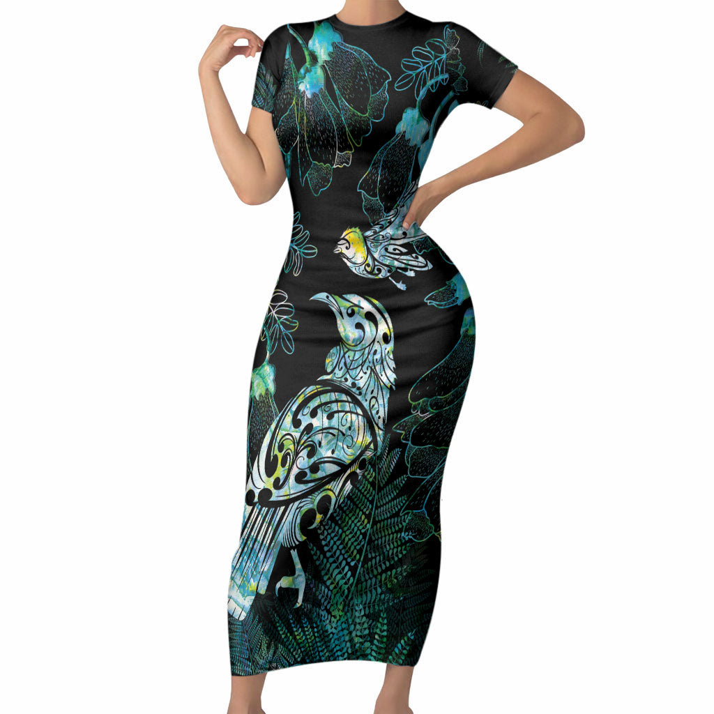 Aotearoa Maori Mahuru Short Sleeve Bodycon Dress Spring Time - Paua Shell Green