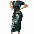 Aotearoa Maori Mahuru Short Sleeve Bodycon Dress Spring Time - Paua Shell Green
