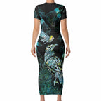 Aotearoa Maori Mahuru Short Sleeve Bodycon Dress Spring Time - Paua Shell Green