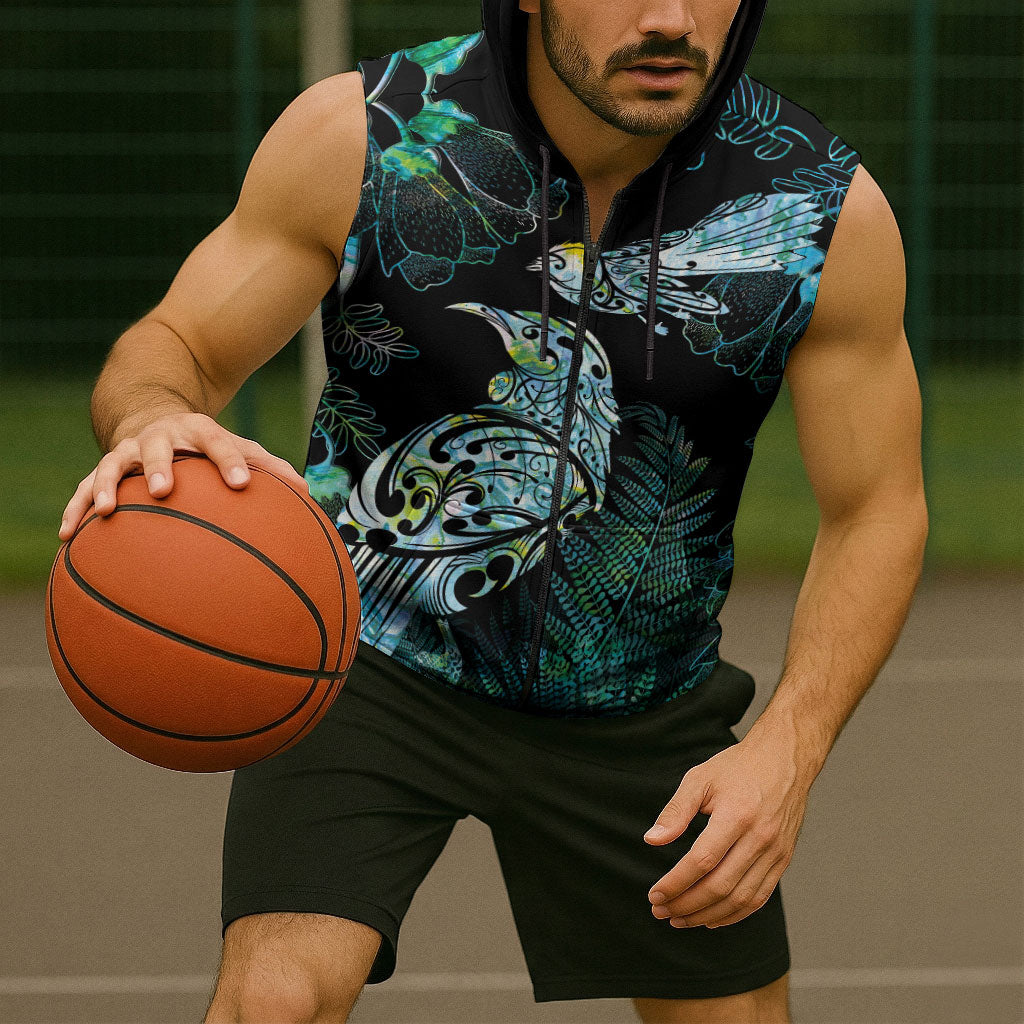 Aotearoa Maori Mahuru Sleeveless Zip Hoodie Spring Time - Paua Shell Green