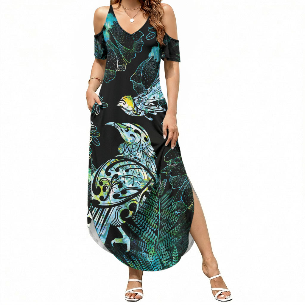 Aotearoa Maori Mahuru Summer Maxi Dress Spring Time - Paua Shell Green