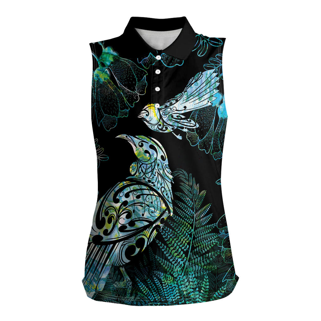 Aotearoa Maori Mahuru Women Sleeveless Polo Shirt Spring Time - Paua Shell Green