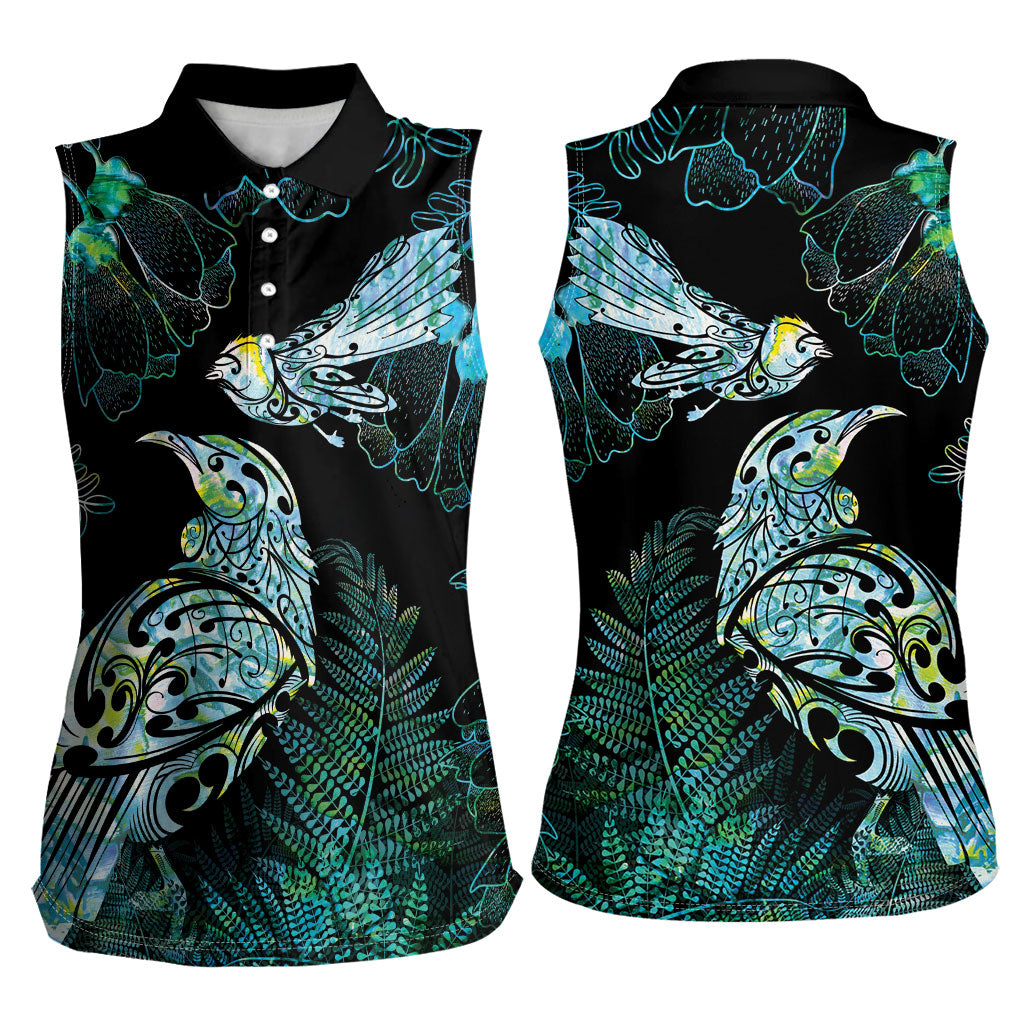 Aotearoa Maori Mahuru Women Sleeveless Polo Shirt Spring Time - Paua Shell Green