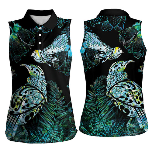 Aotearoa Maori Mahuru Women Sleeveless Polo Shirt Spring Time - Paua Shell Green