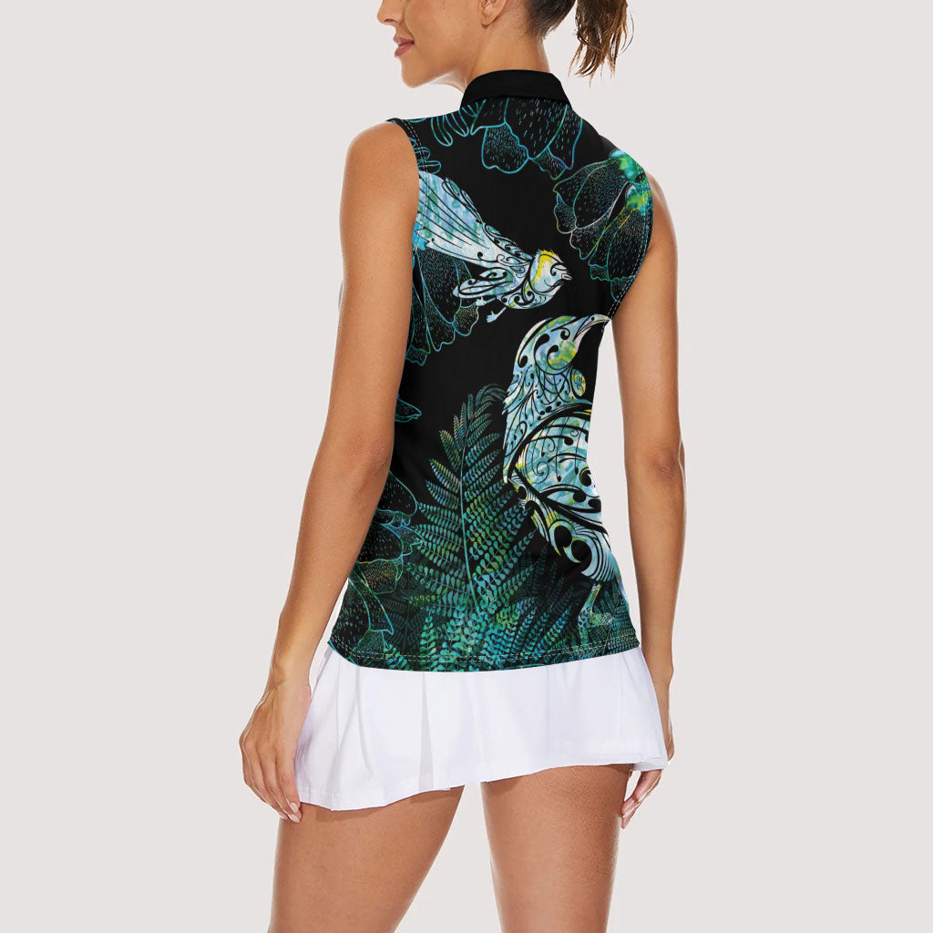 Aotearoa Maori Mahuru Women Sleeveless Polo Shirt Spring Time - Paua Shell Green