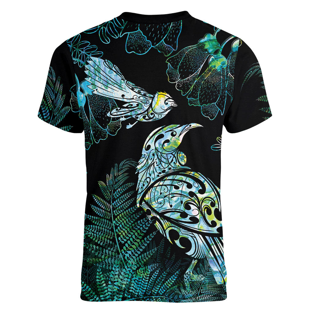Aotearoa Maori Mahuru Women V-Neck T-Shirt Spring Time - Paua Shell Green