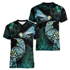 Aotearoa Maori Mahuru Women V-Neck T-Shirt Spring Time - Paua Shell Green