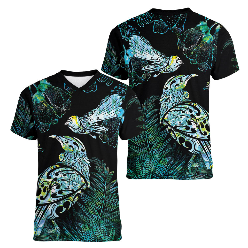 Aotearoa Maori Mahuru Women V-Neck T-Shirt Spring Time - Paua Shell Green