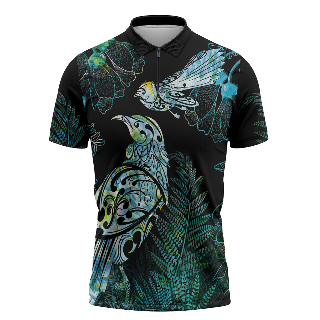 Aotearoa Maori Mahuru Zipper Polo Shirt Spring Time - Paua Shell Green