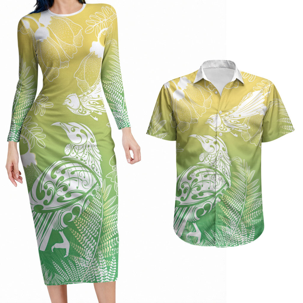 Aotearoa Maori Mahuru Tui With Pikawakawa Couples Matching Long Sleeve Bodycon Dress and Hawaiian Shirt Spring Time