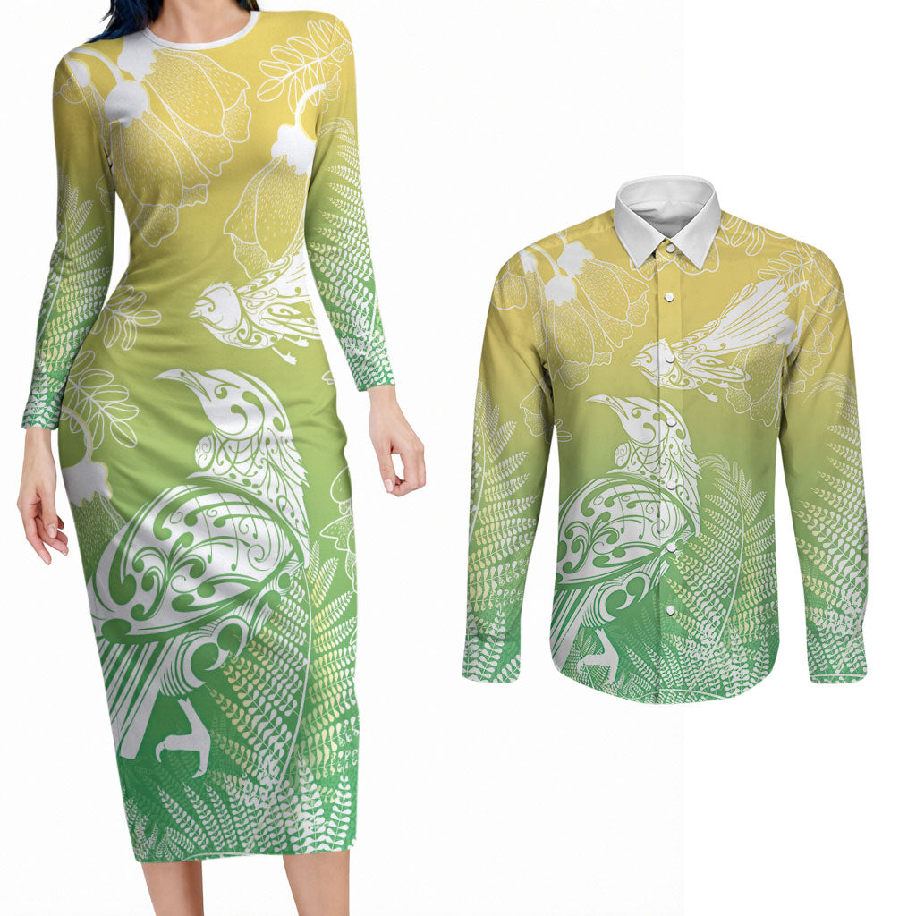 Aotearoa Maori Mahuru Tui With Pikawakawa Couples Matching Long Sleeve Bodycon Dress and Long Sleeve Button Shirt Spring Time