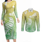 Aotearoa Maori Mahuru Tui With Pikawakawa Couples Matching Long Sleeve Bodycon Dress and Long Sleeve Button Shirt Spring Time