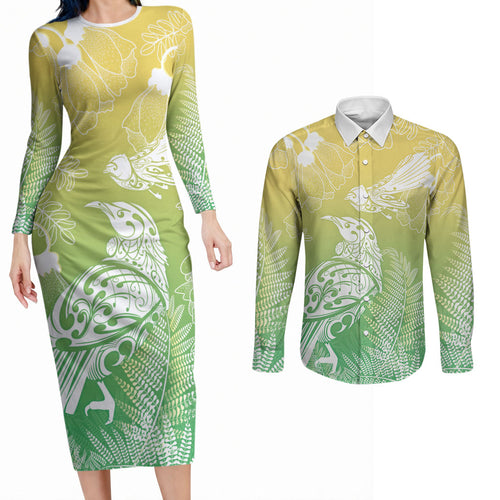 Aotearoa Maori Mahuru Tui With Pikawakawa Couples Matching Long Sleeve Bodycon Dress and Long Sleeve Button Shirt Spring Time