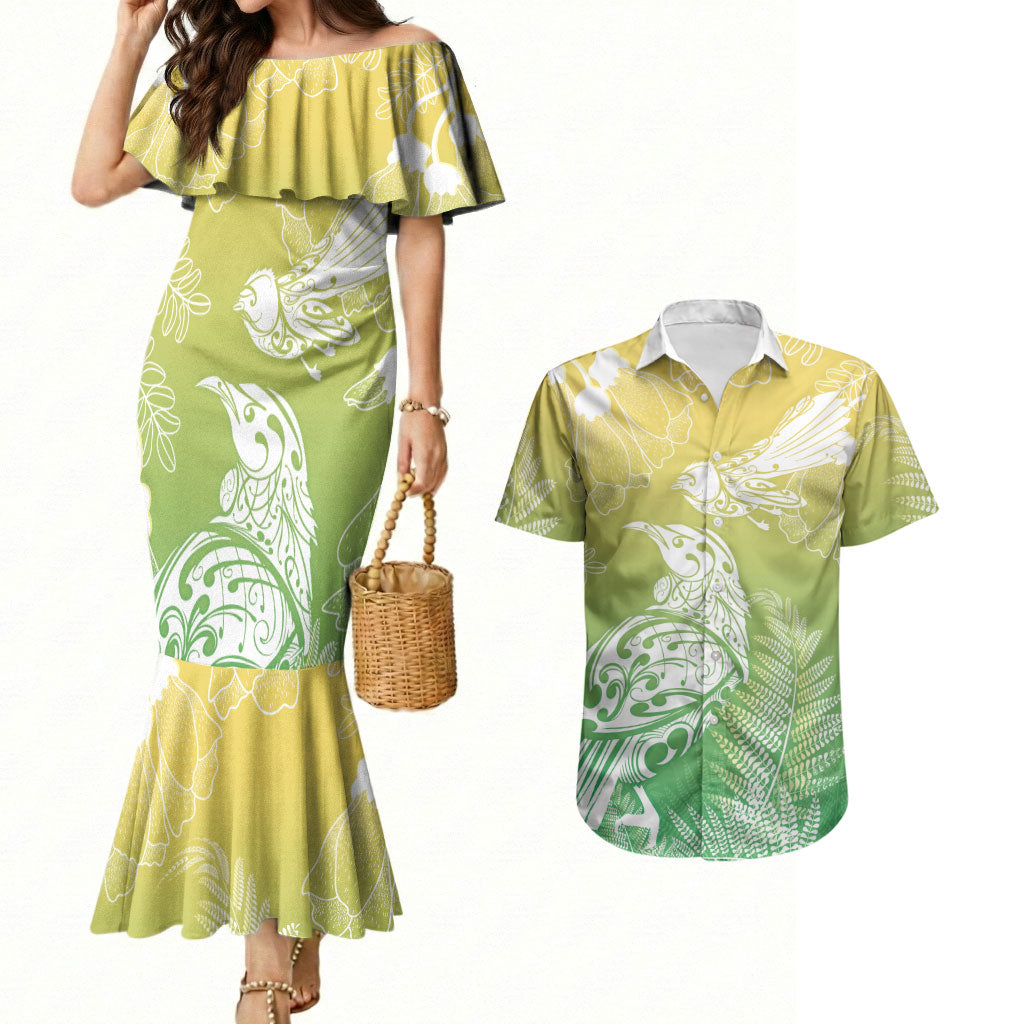 Aotearoa Maori Mahuru Tui With Pikawakawa Couples Matching Mermaid Dress and Hawaiian Shirt Spring Time