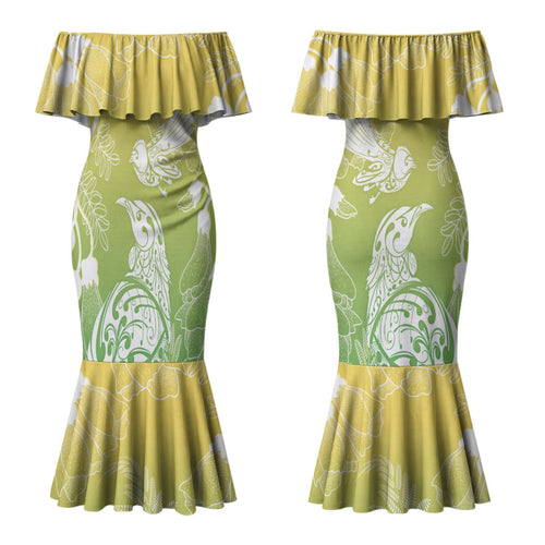 Aotearoa Maori Mahuru Tui With Pikawakawa Couples Matching Mermaid Dress and Hawaiian Shirt Spring Time